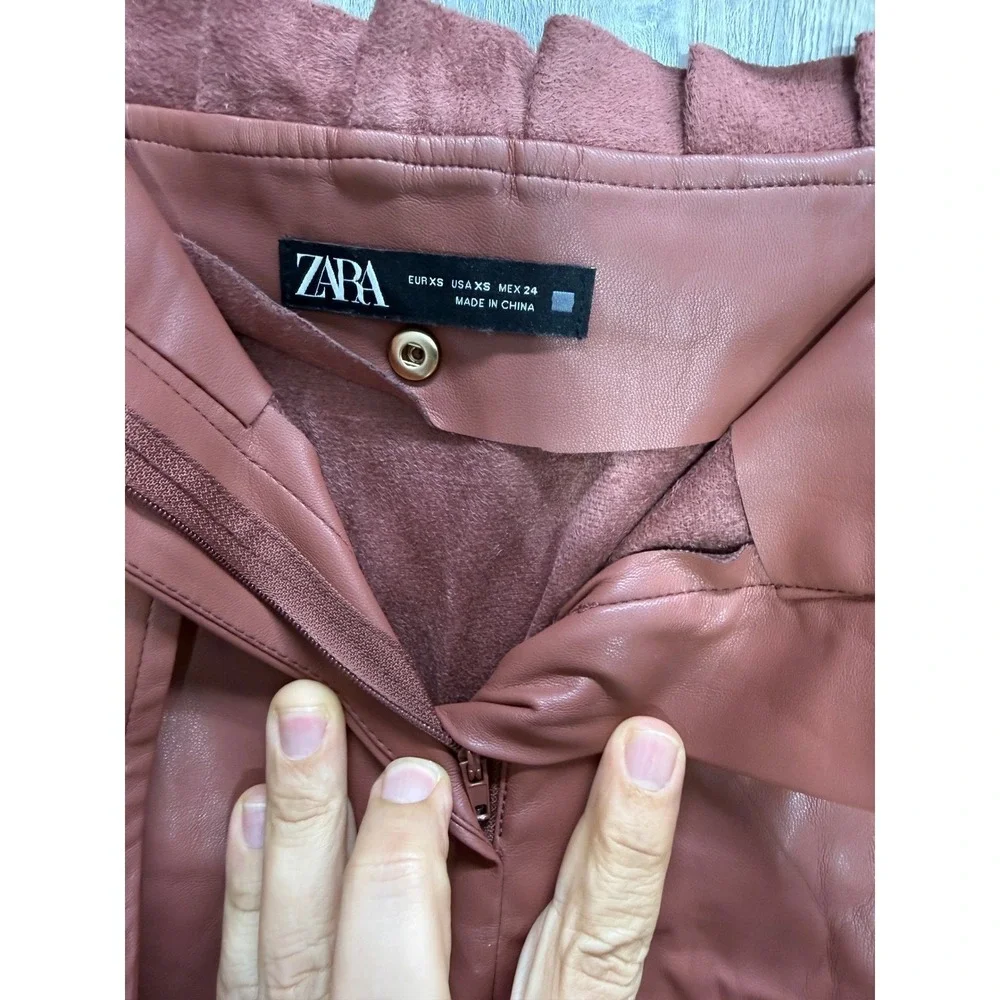 Zara Faux Leather Paperbag Mini Skirt Rust Brown Pleated Ruffle Belted XS